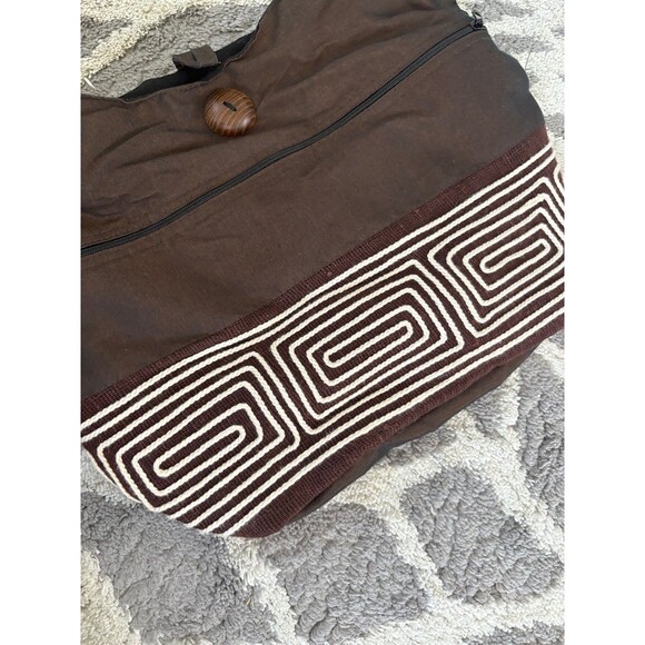 Brown Crossbody Fabric Bag with Linear Design and Wooden Button Details - Picture 2 of 4